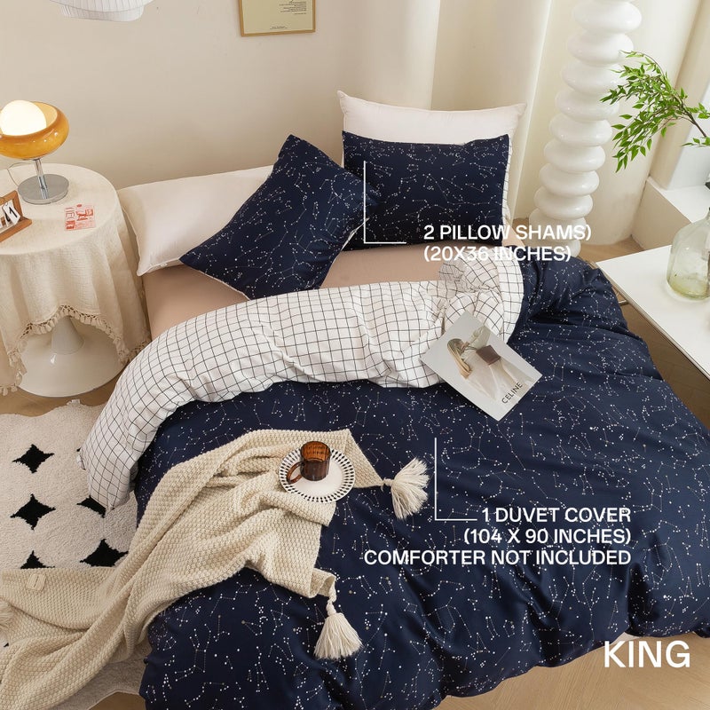ECOCOTT Duvet Cover King, 3 Pieces 100% Natural Cotton 1 Duvet Cover +2 Pillowcases Bedding Set,Navy and Cosmic Constellation Reversible Printed Pattern Breathable and Durable Duvet Cover King Size - Image 2